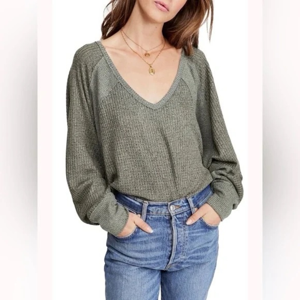 Free People Santa Clara Oversized Thermal Long Sleeve Top in Khaki Green S